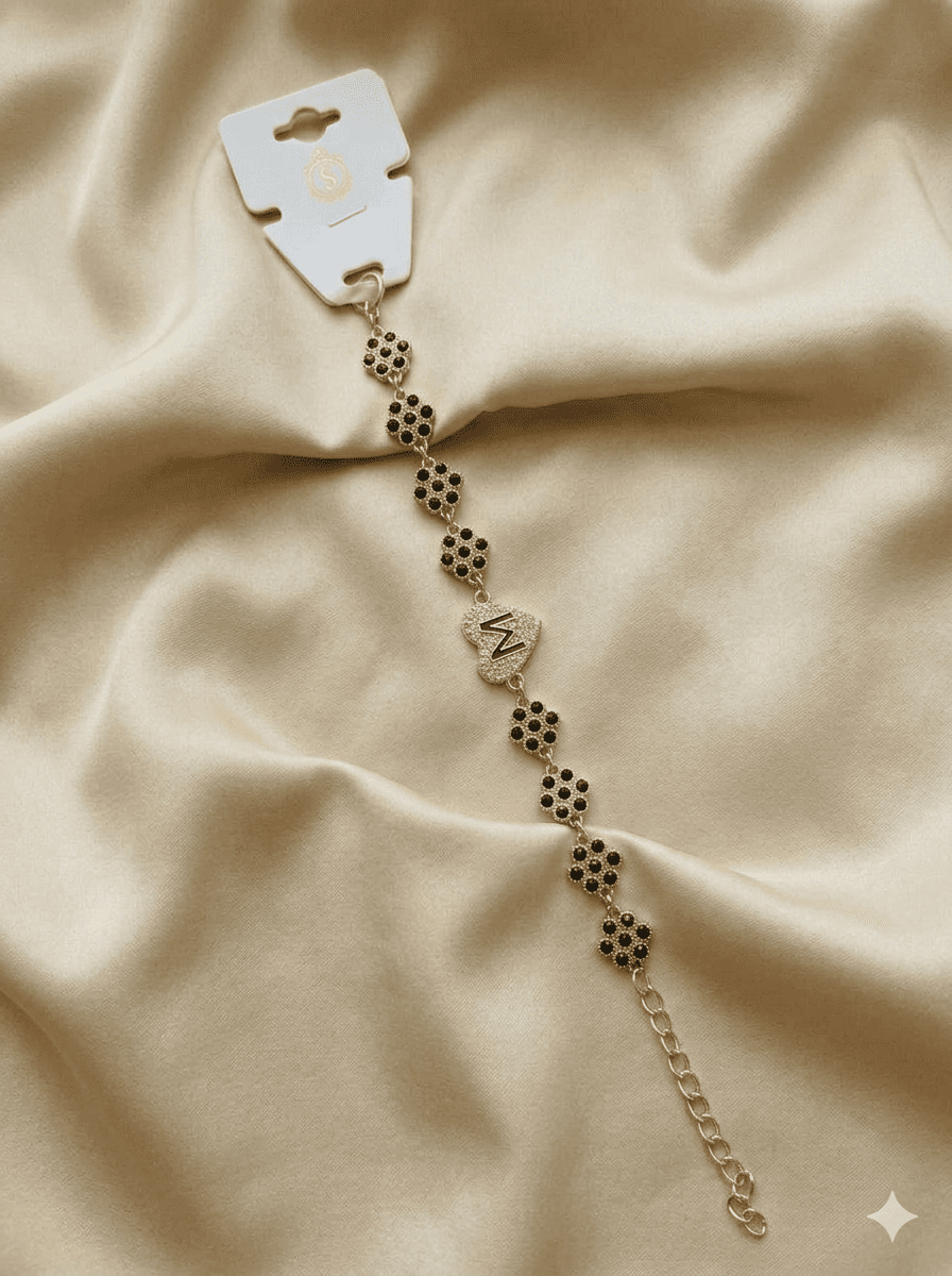 Crystal Heart "M" Initial Floral Link Bracelet.